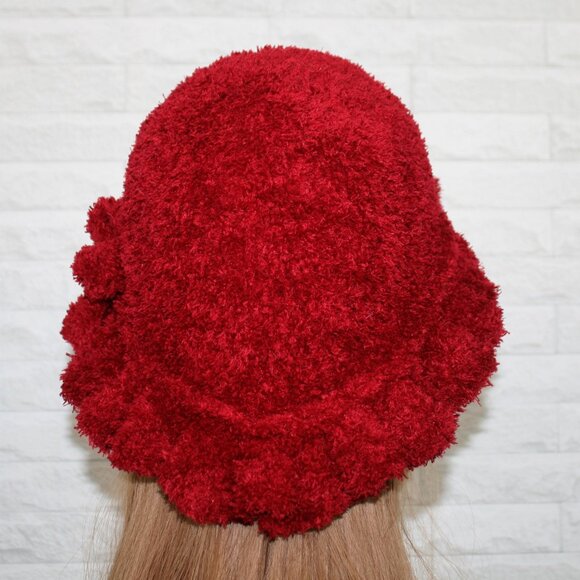 HAND CRAFTED Hat Crochet Bucket Teddy Faux Fur Winter Full Ruffle Red Burgundy - Picture 4 of 11
